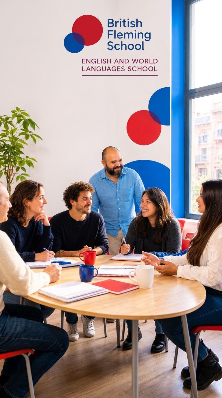 Grup reduït d'estudiants adults conversant amb la seva professora a British Fleming School, Barcelona